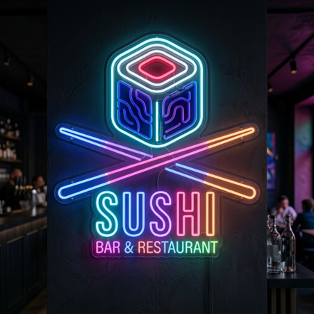 Meerkleurig neon logobord op maat voor een sushi bar en restaurant