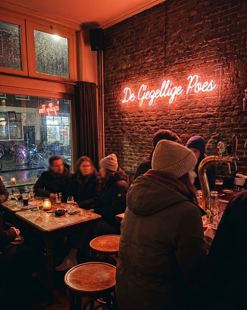 Neon bord De Gezellige Poes op een bakstenen muur in een kroeg