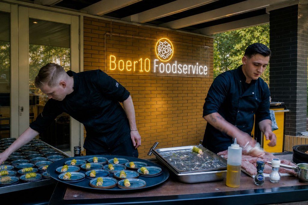 Warmwit neon logobord van Boer10 Foodservice op een bakstenen muur bij een cateringevent