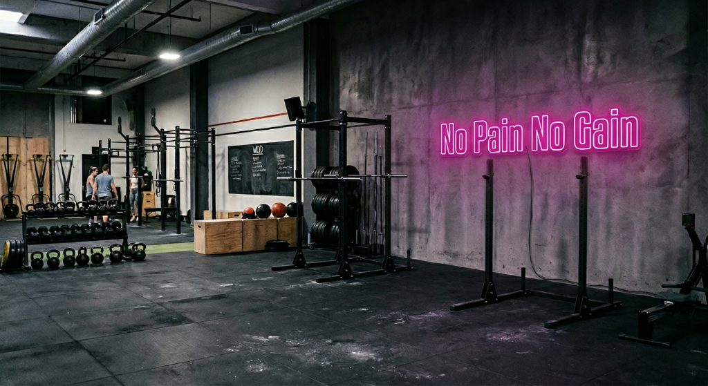 Roze neon tekstbord No Pain No Gain aan de betonnen muur van een CrossFit-gym